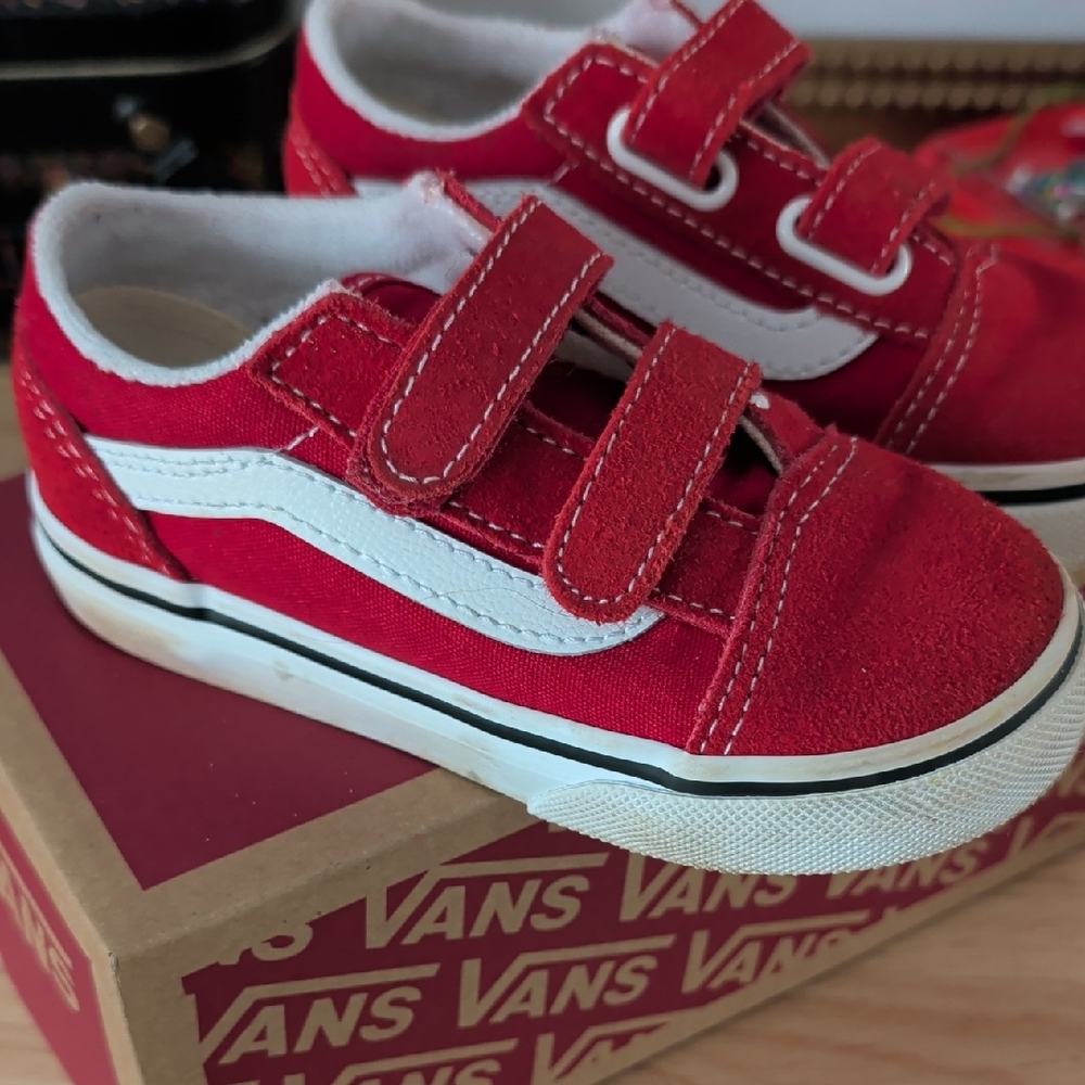Vans Kids Red and White Velcro Sneakers